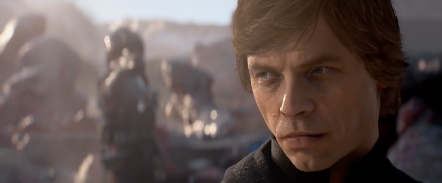 A close up on Luke Skywalker's face in a highly-detailed art style of the video games.